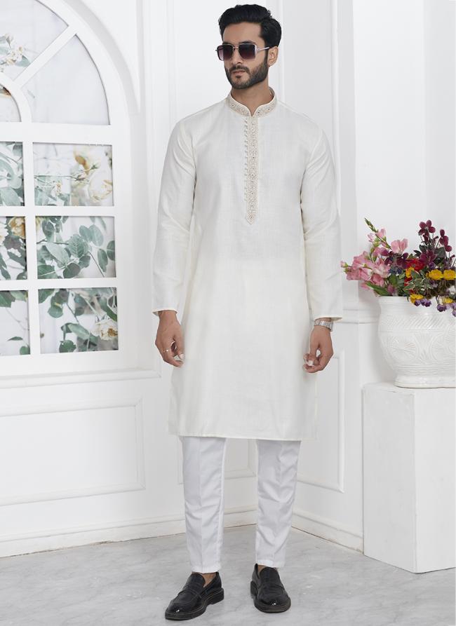 Linen Cotton Cream Traditional Wear Thread Work Kurta Pajama